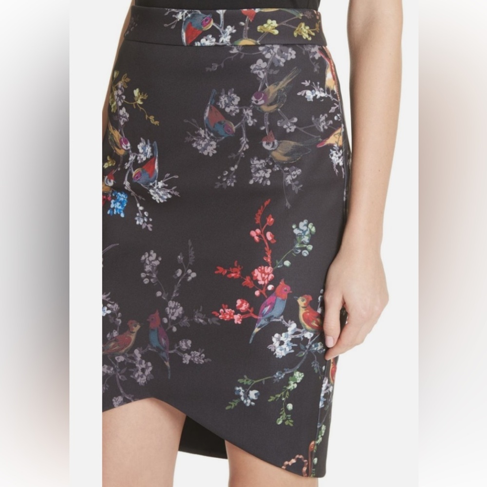 Ted Baker Exquisite Boho Artsy Midi Pencil Skirt Floral Bird Print Event  SZ 1